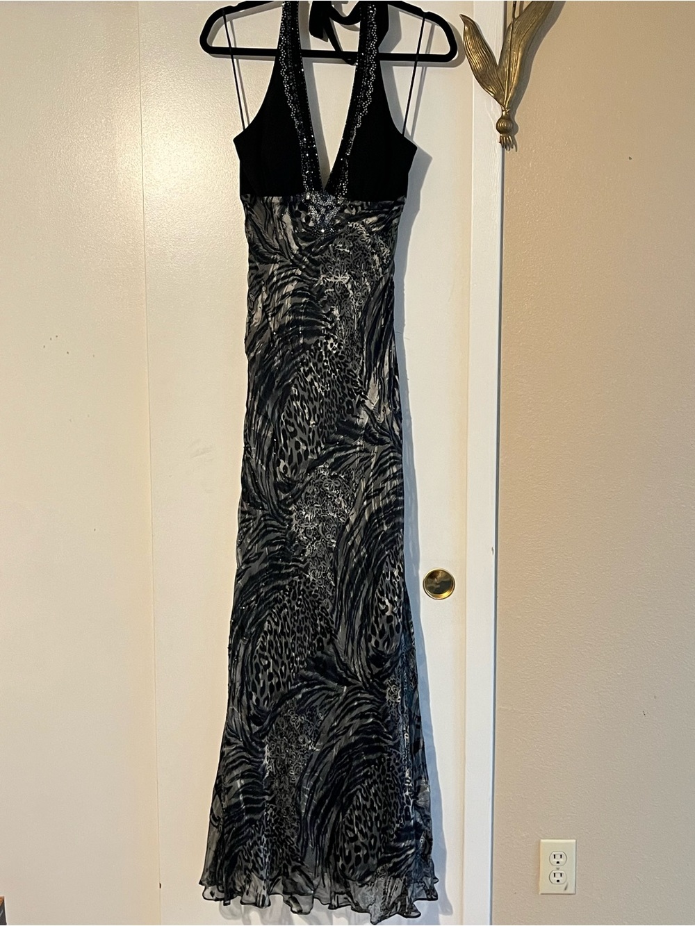 Mary L Couture Black & Gray Halter Evening Maxi Dress